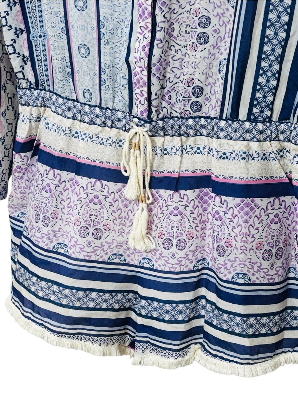 Twelfth Street Cynthia Vincent Cotton Silk Romper M Boho Blue Pink Tassel Fringe - Picture 11 of 16